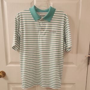Columbia Men's Teal and White Striped Polo Shirt